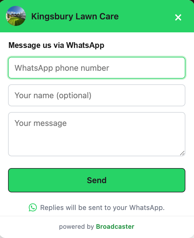 The Broadcaster WhatsApp lead generation widget, open and ready for a visitor to send a message